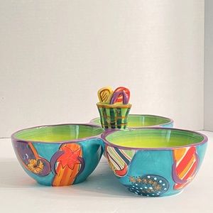 Clay Art Hand Painted Salsa Condiment Trio